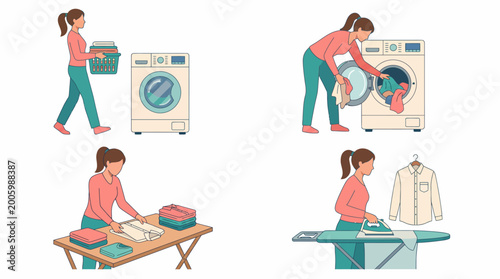 A four-panel illustration showing a woman performing various laundry tasks, including carrying clothes, loading a washing machine, folding garments, and ironing a shirt.