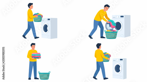 A four-panel illustration showing a man performing the steps of doing laundry, from gathering dirty clothes to washing them and then folding and carrying away clean garments.