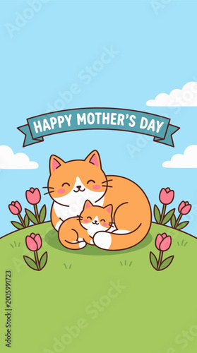 Cute mother cat and kitten with tulips Mother's Day vector
