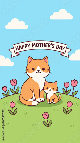 Cute mother cat and kitten with tulips Mother's Day vector