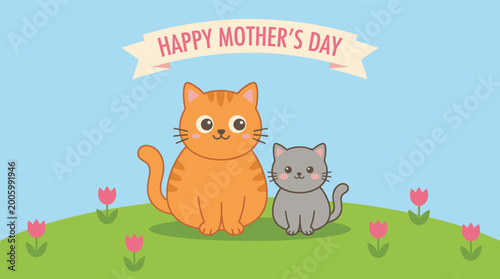 Cute mother cat and kitten with tulips Mother's Day vector
