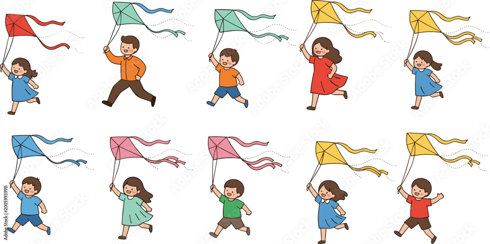 Obraz premium Set of 12 Illustrations of Children Running and Playing with Colorful Kites, Perfect for Outdoor and Fun Activity Designs
