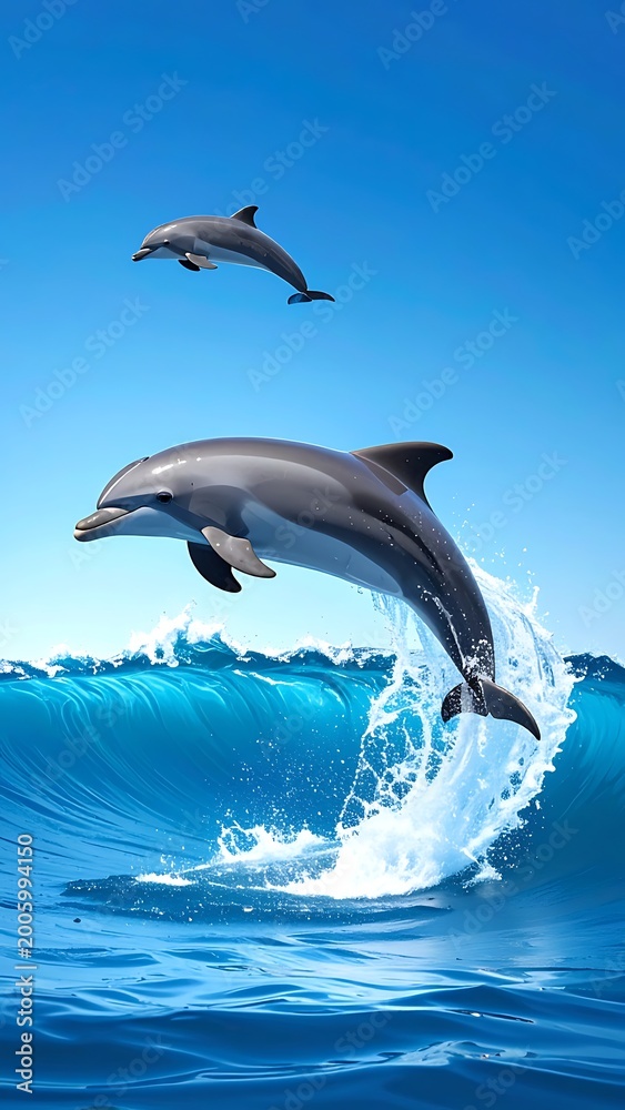 Fototapeta premium Two dolphins jumping out of a large blue ocean wave