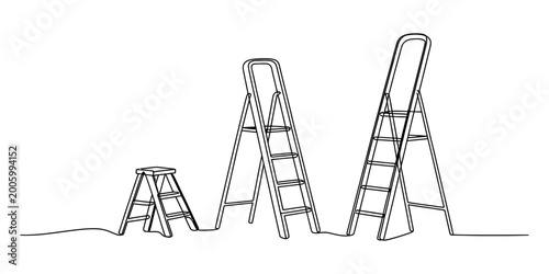 Three step ladders of different sizes arranged in a line, simple line drawing art