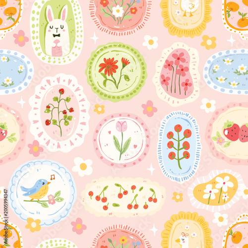 Pastel Cottagecore Floral Pattern, Cute Vintage Frames with Flowers Birds and Fruit, Kawaii Spring Seamless Background, Soft Hand Drawn Illustration