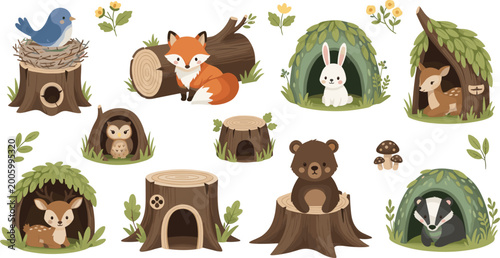 Bilde på lerret Set of 10 Woodland Animal Dens and Animals Including Fox, Rabbit, Deer, Owl, Bea