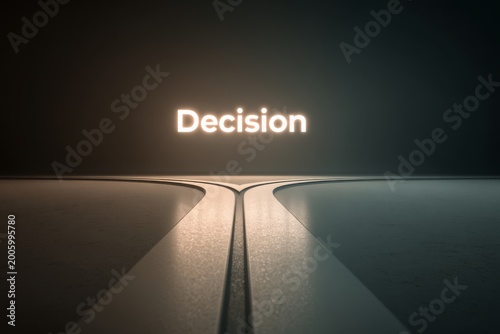 A forked path splitting into two clean directions in a minimal environment, with glowing 