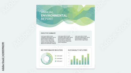A professional annual environmental report document template with abstract green wave patterns and data visualizations.
