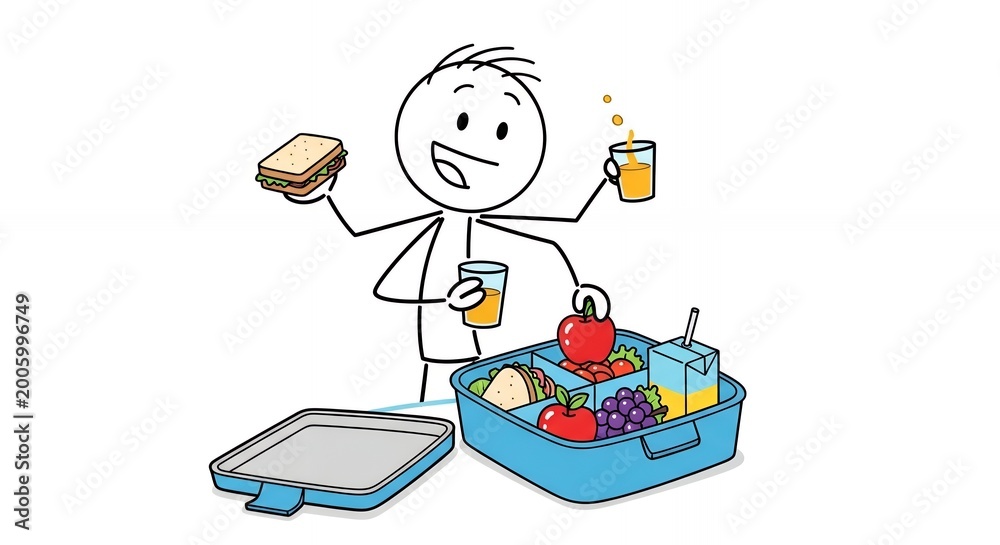 Fototapeta premium Happy Stickman Preparing Lunch Box with Sandwich and Juice Illustration