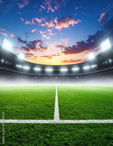Football stadium lit up under a sunset sky