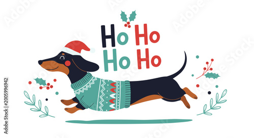 Cute dachshund dog wearing a christmas sweater and santa hat running with festive ho ho ho text in the background.