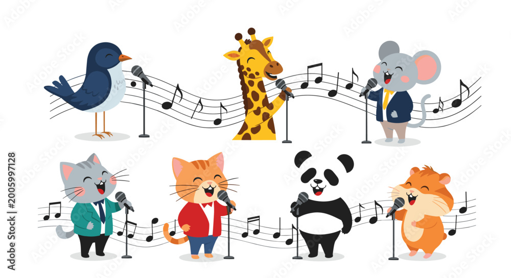 Obraz premium Group of various cartoon animals including a bird, giraffe, mouse, cat, panda, and hamster are singing into microphones with musical notes.