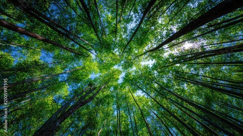 Looking up through tall green trees to a bright sky