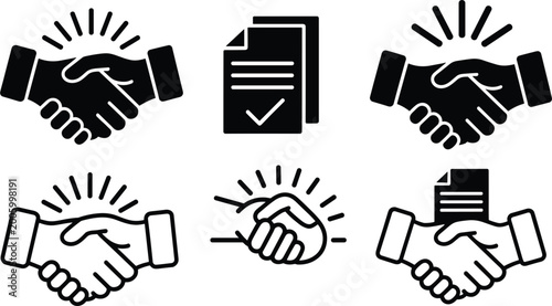 Handshake agreement vector icons set with business partnership contract deal trust and cooperation symbols