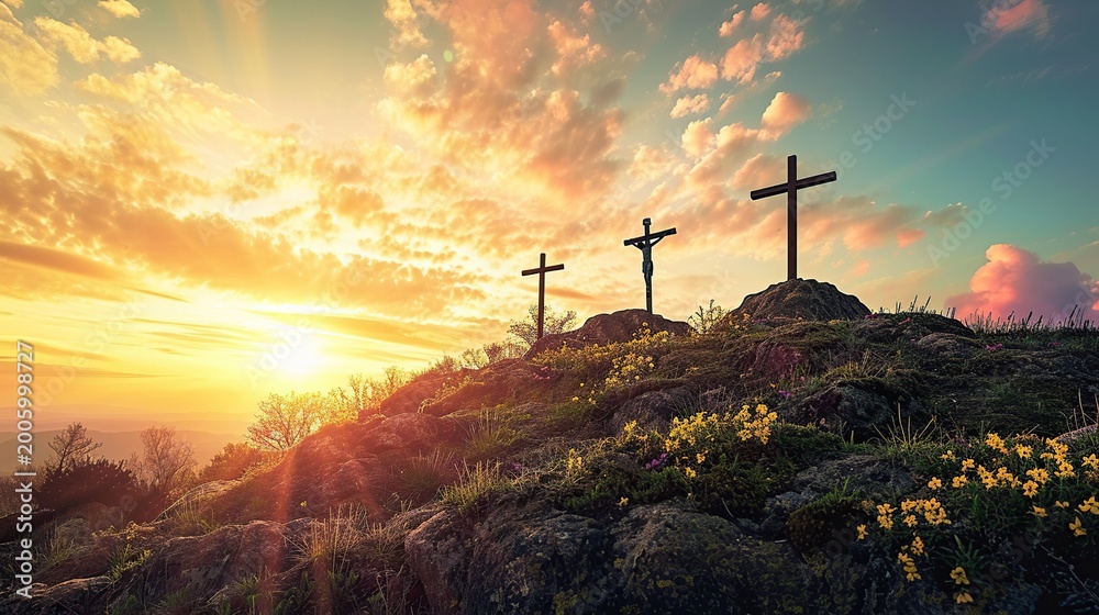 Obraz premium Three Wooden Crosses Standing on a Hilltop at Sunset Creating a Silhouetted Spiritual Landscape