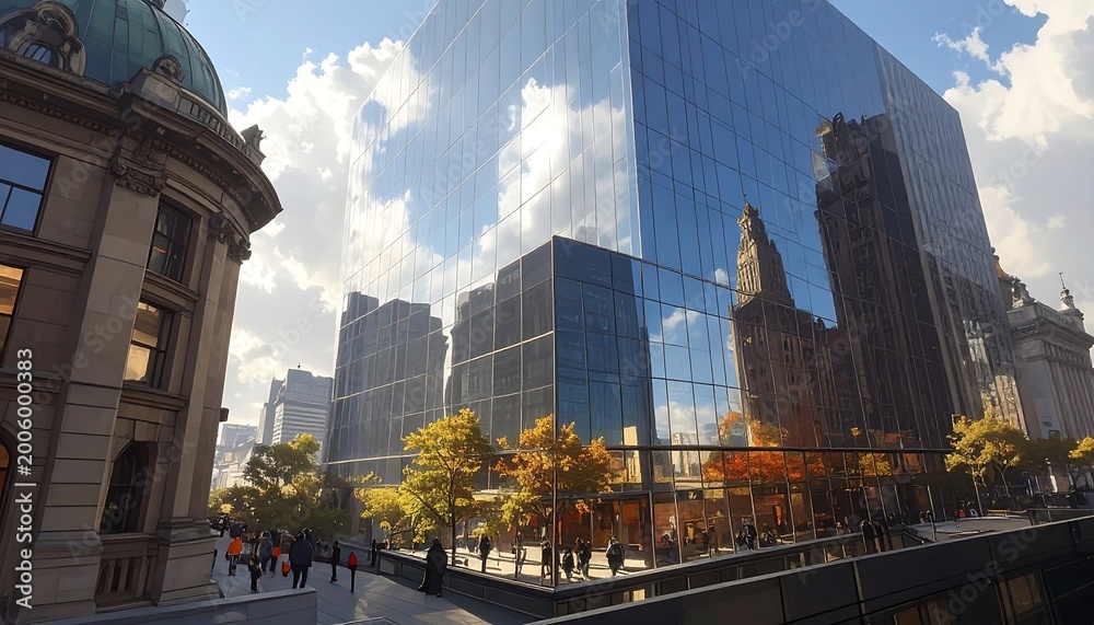 Obraz premium A modern glass building reflecting a cityscape, trees in fall colors, and pedestrians. A classical building is on the left