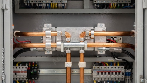 Medium shot focused on detailed busbar connections in an energysaving drive system upgrade showcasing enhanced electrical continuity and reduced power loss in a modern control