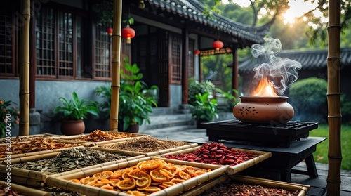 Traditional Chinese Medicine Herbal Preparation in Courtyard