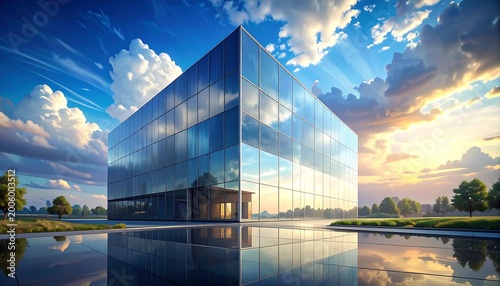 A modern, glass-walled office building reflects the vibrant sky and clouds in a pool of water, during a bright sunset