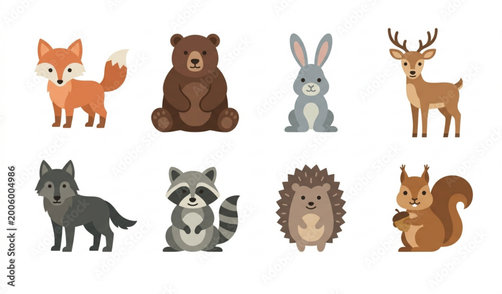 Obraz premium Minimal flat wild forest animal vector set with woodland inhabitants fox bear rabbit deer isolated on white