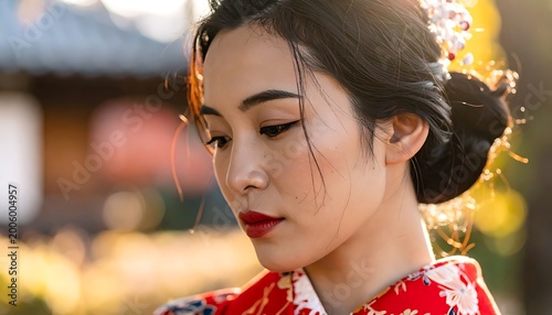 A woman in a traditional kimono gazes downward