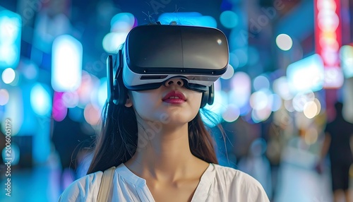 A woman wearing VR headset in a vibrant city