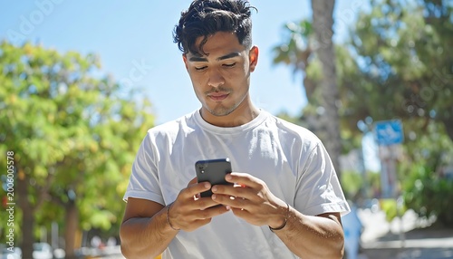 A young man in a white shirt looking at his phone outdoors