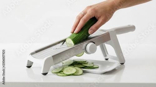Kitchen mandoline slicer cutting fresh green cucumber on white surface.