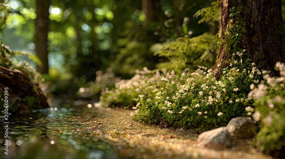 Fototapeta premium Serene forest stream bathed in dappled sunlight, small flowers bloom