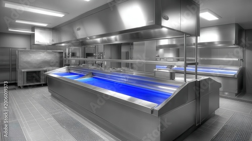 Modern Industrial Kitchen Display Counter with Blue Illumination