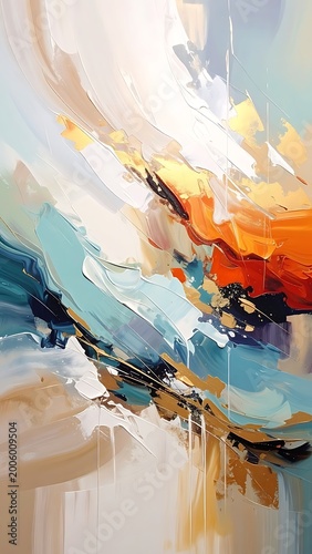An abstract painting displaying bold brushstrokes of diverse colors, creating a dynamic, flowing composition suggestive of energy