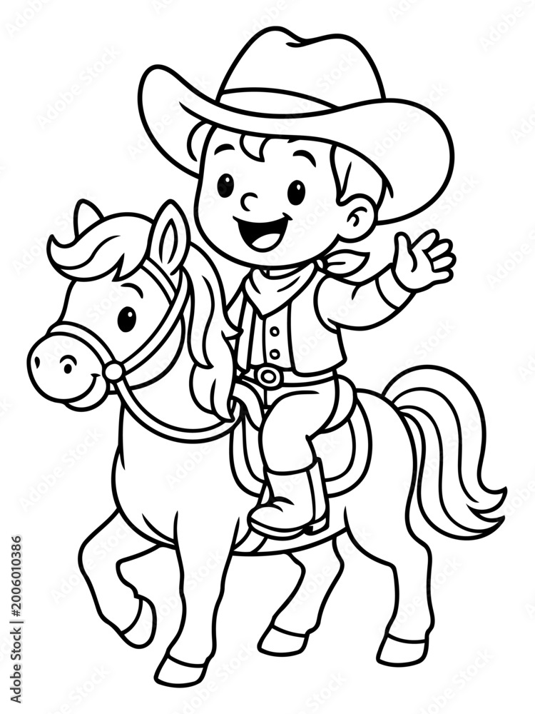 Fototapeta premium Young Cowboy and Pony: A cheerful cowboy rides a friendly pony, ready for an adventure. Capturing the spirit of the Wild West and the bond between a boy and his horse.