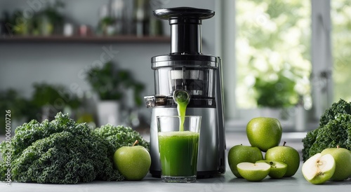 Juicer extracts fresh green juice from apples and kale