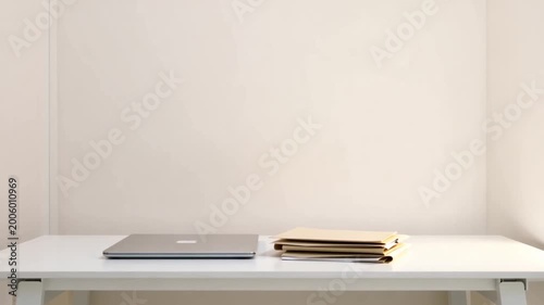 Minimalist Desk with Laptop and Documents - Clean Workspace Background