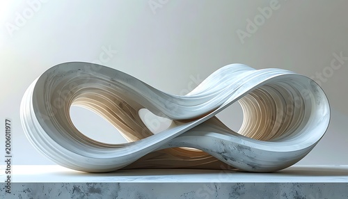 An abstract sculpture of intertwined ribbons in a figure-eight formation, resting on a marble surface. The object has layered textures