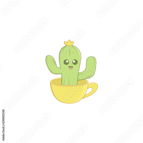 Cute Cactus in a Teacup Character Illustration