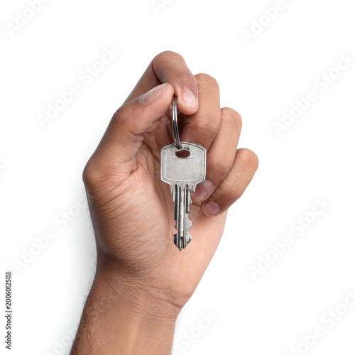 Hand holding a single silver key on a white background