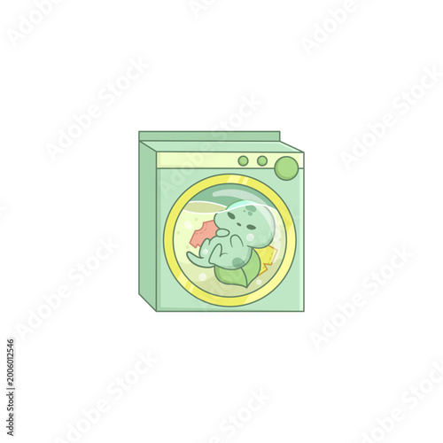 Cute Green Monster in a Washing Machine Cartoon Illustration