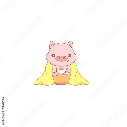 Cute Pig in a Blanket Holding a Cup Illustration