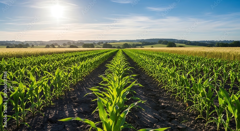 Obraz premium Rows of young vibrant green corn plants growing in a fertile field during sunny afternoon