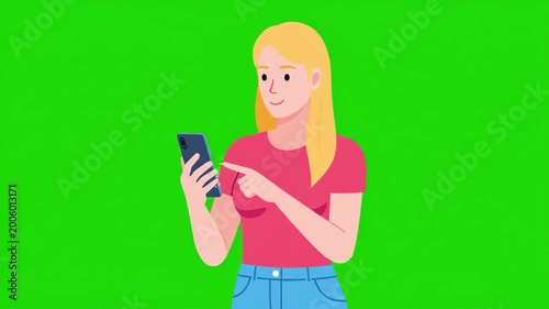 A flat-shaded 3D character animation of a young blonde woman in a pink shirt using her index finger to scroll, swipe, and tap on her mobile phone screen against a solid green screen backdrop. Perfect 