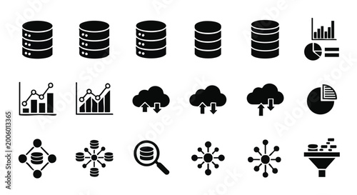 Billede på lærred Business finance icons, 20 black data symbols, money stack, graph and chart illu