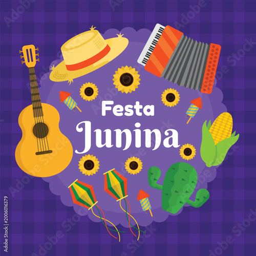 Fotografía Festa Junina illustration with musical instruments sunflowers and traditional de