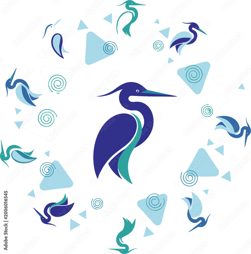 Fototapeta premium Heron bird logo circular composition vector with geometric shapes and elegant wildlife silhouettes for modern branding design