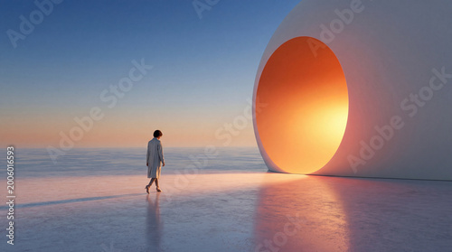 Woman Approaching Abstract Portal at Sunrise in Minimal Futuristic Landscape