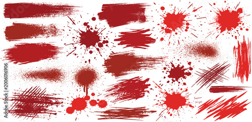 Quadro su tela Red grunge texture set with blood splatters spray paint stains and artistic brus