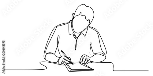 Schilderij op canvas Continuous one line drawing of a man sitting at a desk writing or drawing on a t