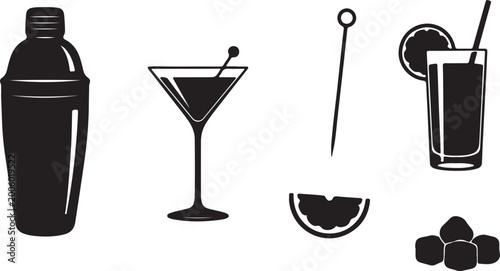 Cocktail bar icon set with shaker and martini glass, black silhouette beverage illustrations, minimalist drink menu vector elements