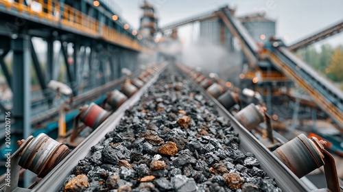 Industrial conveyor belt transports crushed rock material.