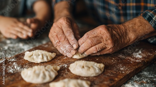 Hands shape dumplings on floured wooden board.
